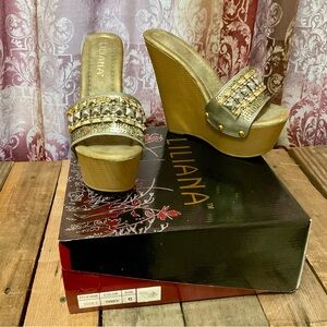 Liliana Metallic Gold and Tan Wedge Sandals